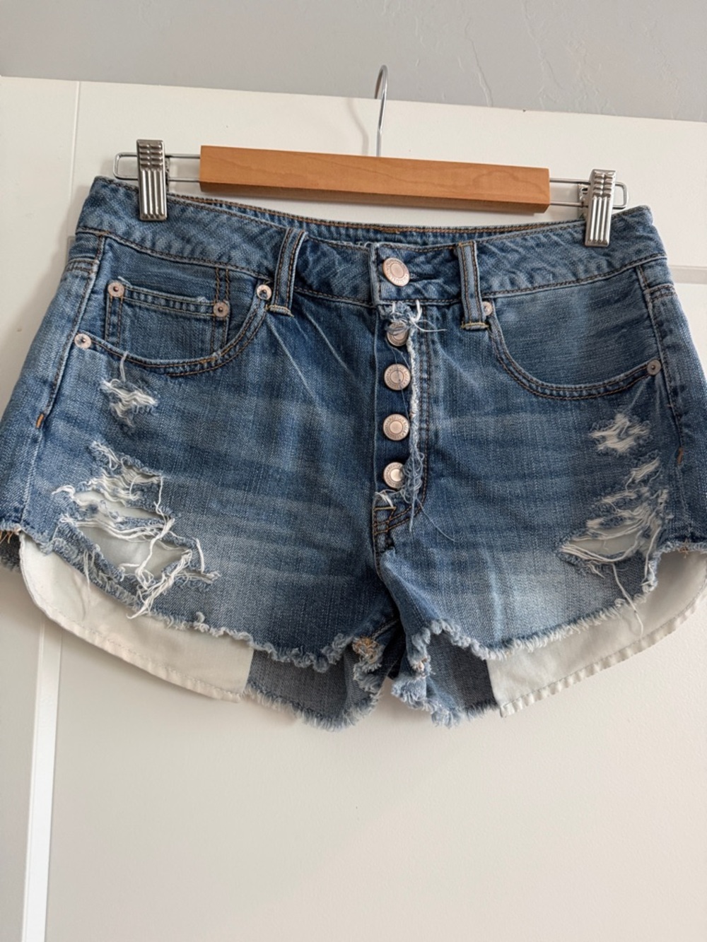 American Eagle Outfitters High-Rise Distressed Button-Fly Jean Shorts - Blue